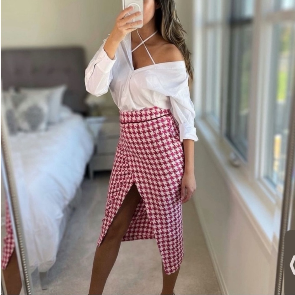 ZARA Tweed Textured Weave Houndstooth Faux Wrap Slit Midi Skirt Raspberry Pink S
